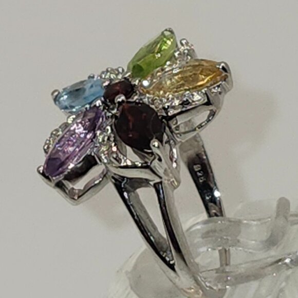 .925 Sterling Silver Floral Amethyst/Garnet/Peridot/Citrine Ring 7 Value $670 - Picture 2 of 6